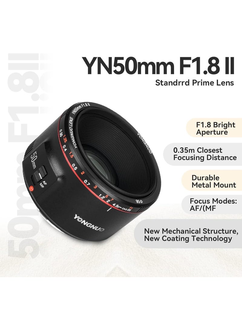 يونجنيو عدسة يونغنو YN 50mm F1.8 II بتركيز تلقائي لعدسات كانون EF عدسة برايم قياسية للكاميرات الرقمية DSLR مع وضع AF و MF ومسافة تركيز 0.35 متر - Image 2